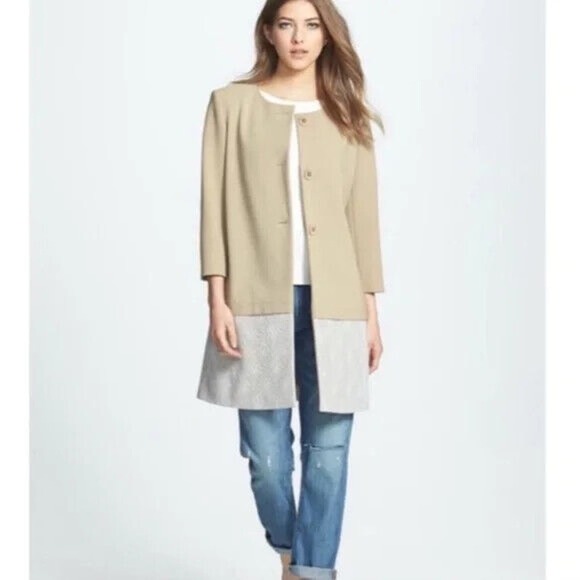 Chelsea28 Women's Tan White Lace Hem Long Line Coat - Picture 1 of 9
